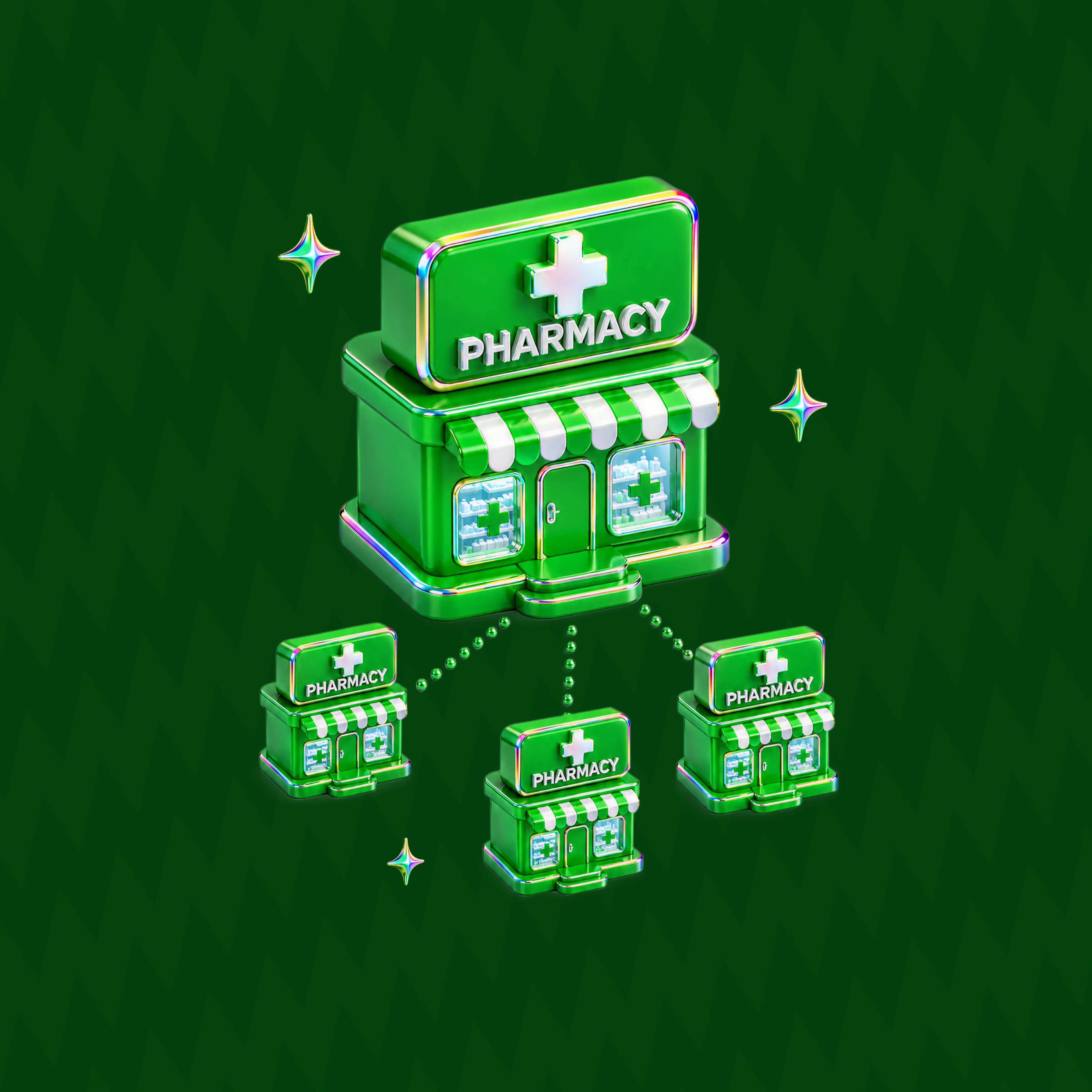 Green 3D pharmacy storefront icons arranged as a branching network.