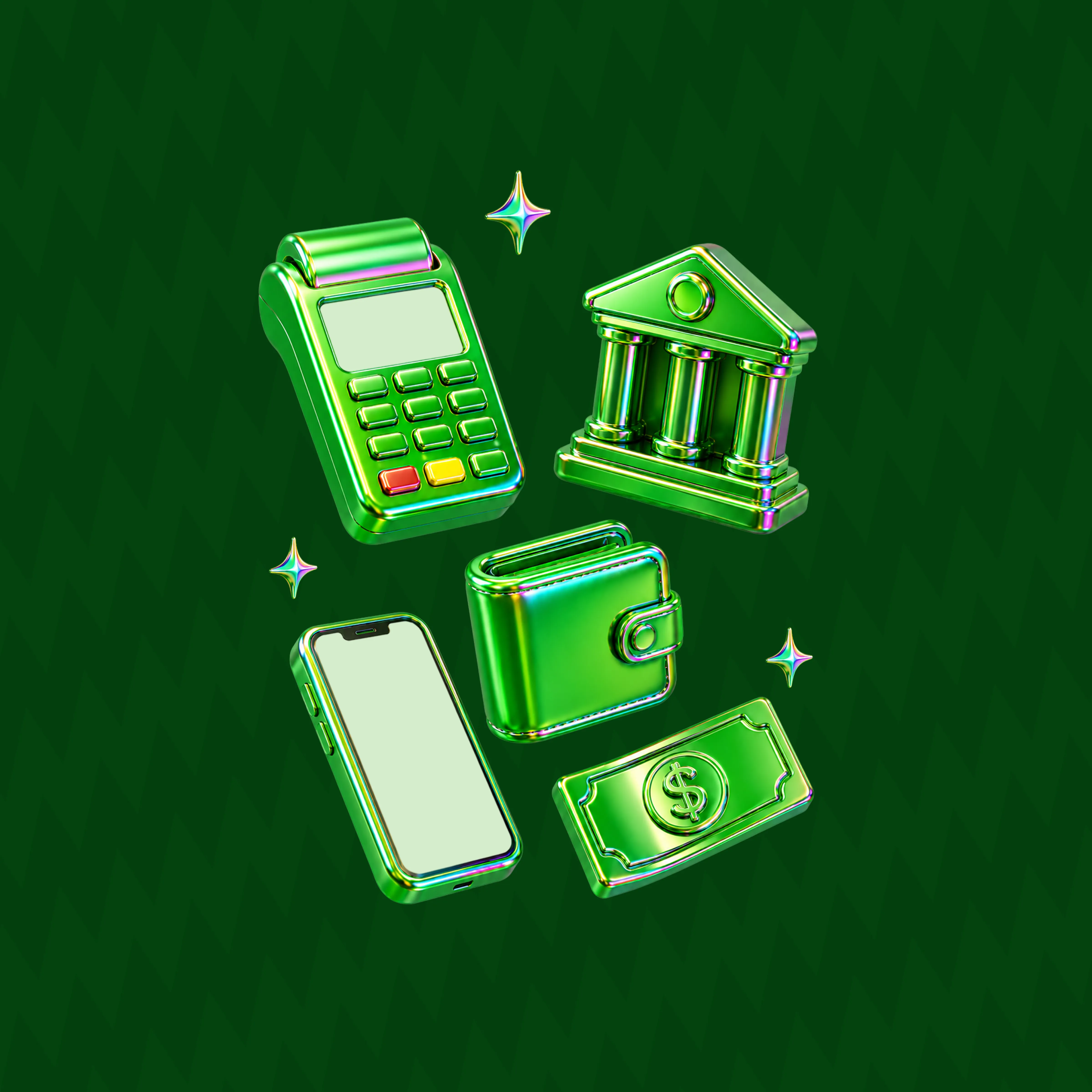 Green 3D icons representing payments, a wallet, a phone, and a pharmacy.