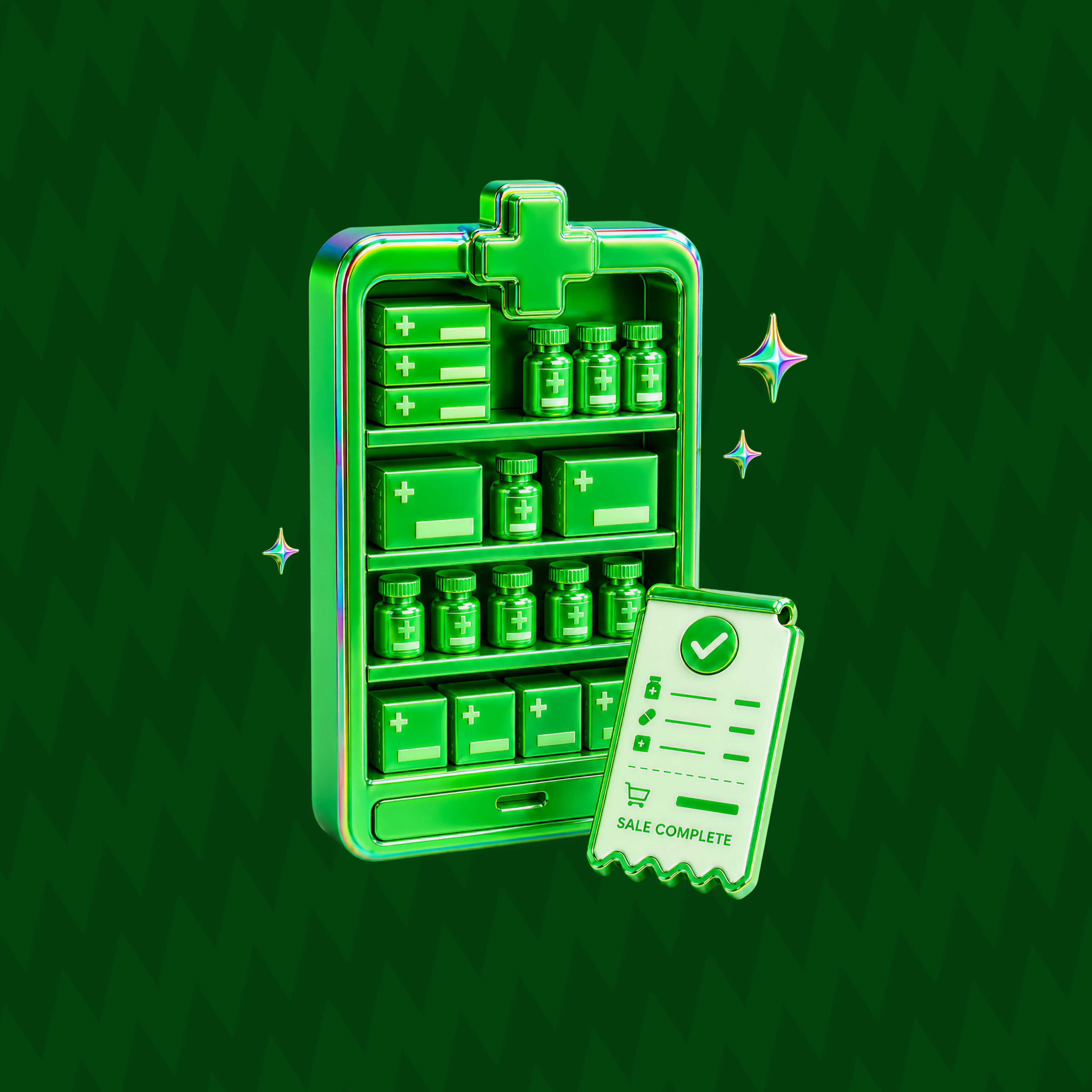 Green 3D pharmacy shelving and checkout receipt illustration.