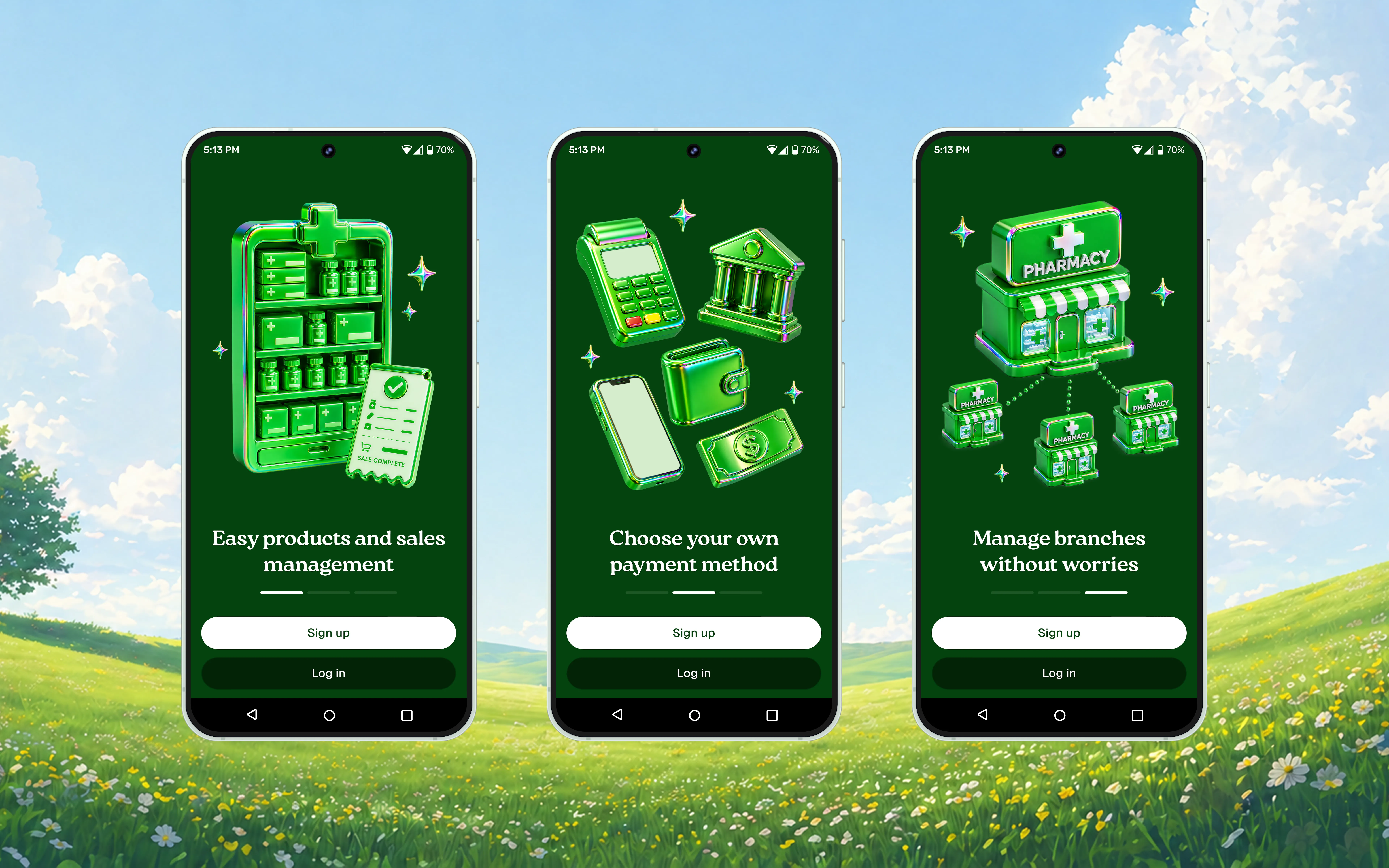 Three Pharmacy OS onboarding screens showing 3D pharmacy illustrations.