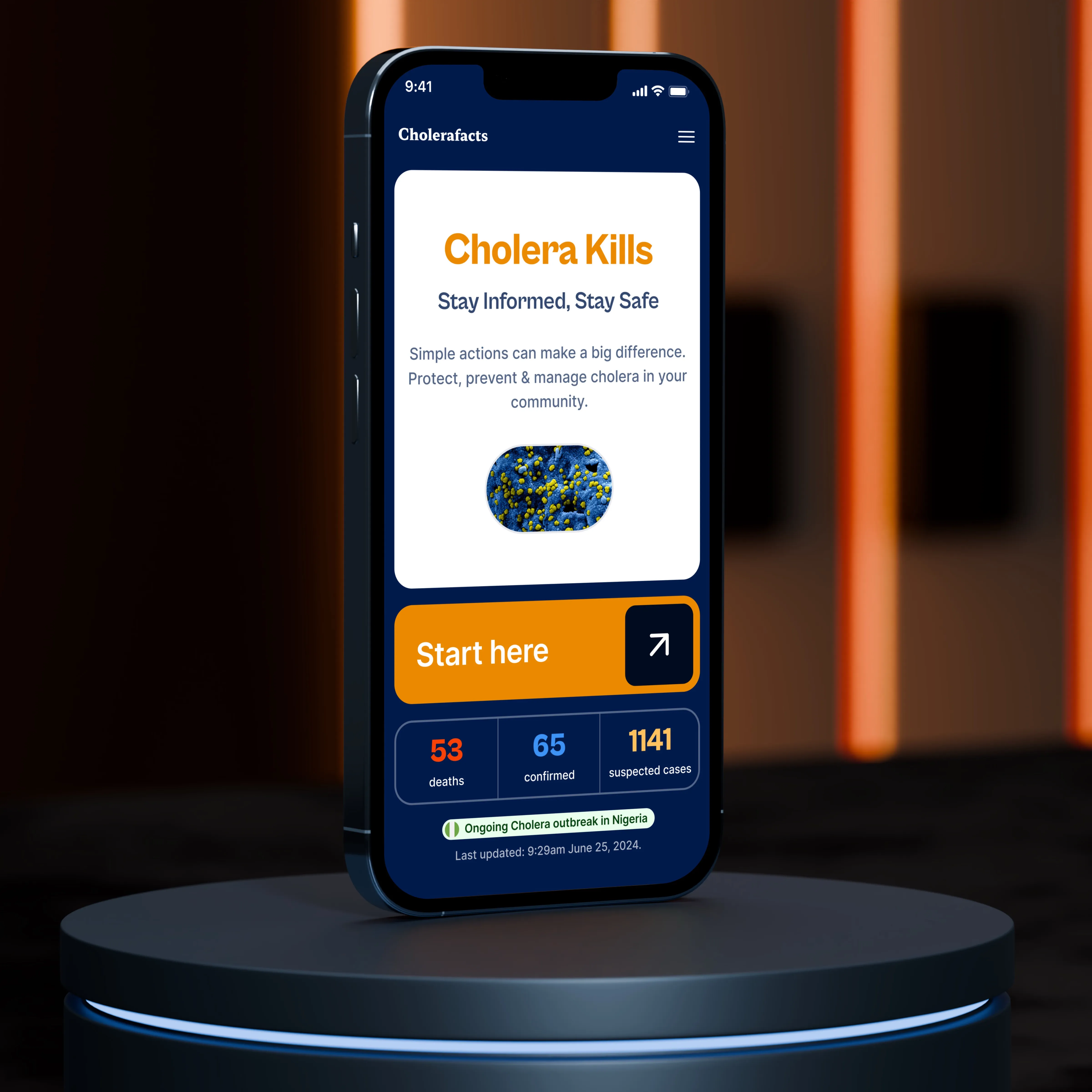 A picture showing a smartphone screen displaying a warning about cholera, titled "Cholera Kills." It includes information on staying informed and safe, with statistics on deaths, confirmed cases, and suspected cases, along with a call to action button.