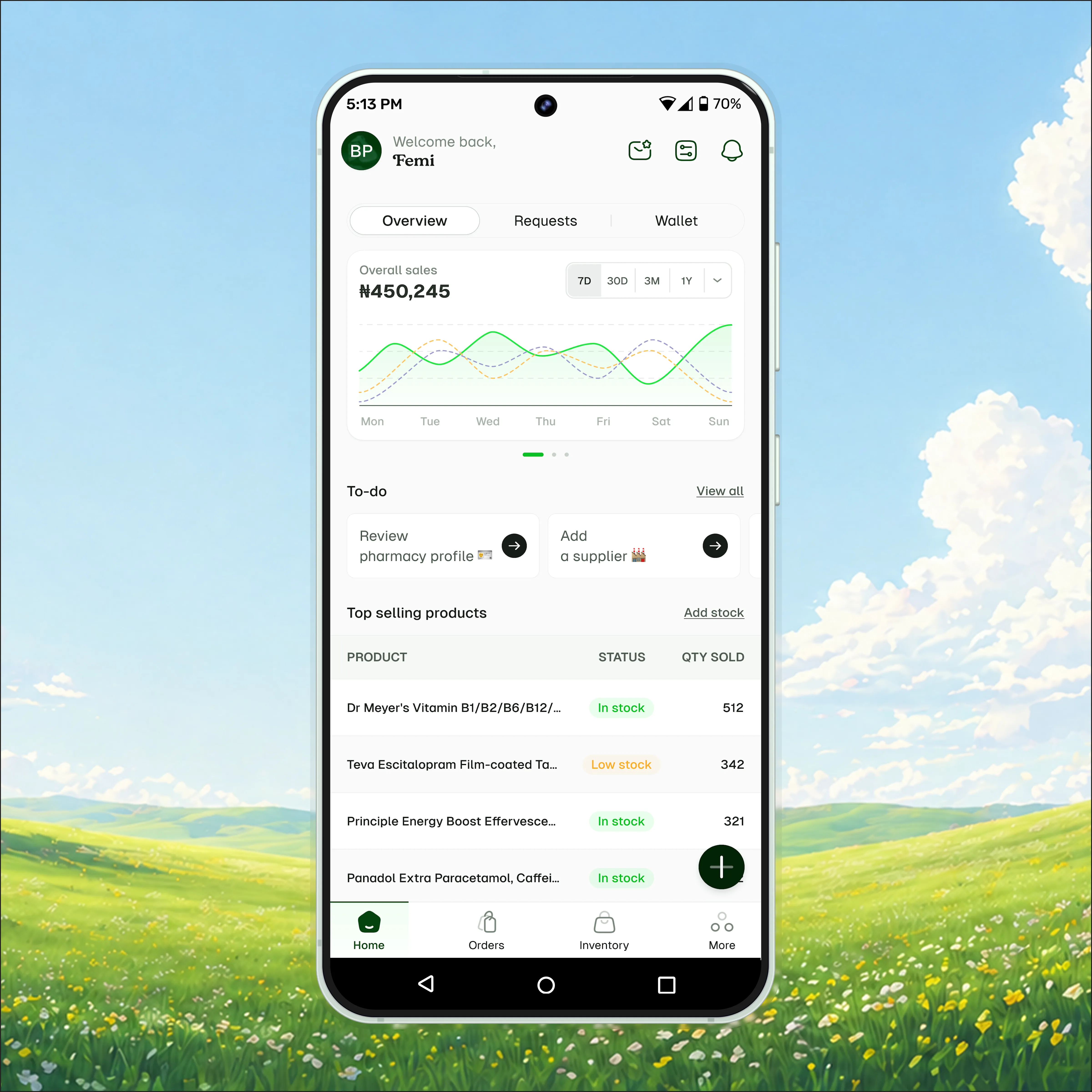 Dispensary pharmacy dashboard homepage shown inside a phone mockup.