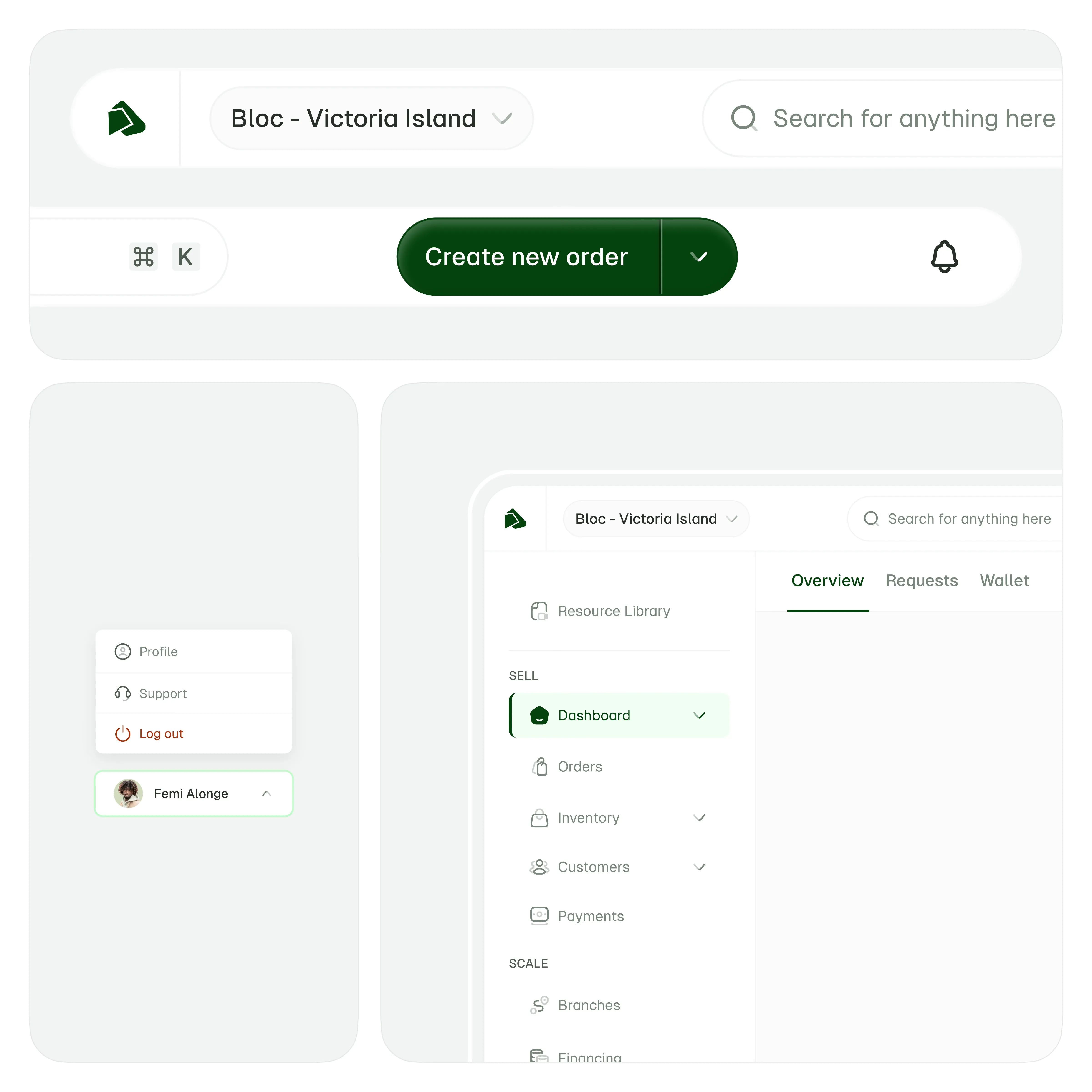 An interface design showcasing a pharmacy management system. At the top, the navigation bar features a branch selector ('Bloc - Victoria Island'), a 'Create new order' button, a search bar for easy access, and a notification icon. On the left, a sidebar menu is organised into sections like Sell, Scale, and Simplify, with options for Dashboard, Orders, Inventory, and more. To the right of the sidebar, the main content area is currently set to the 'Overview' tab within a section displaying 'Overview,' 'Requests,' and 'Wallet' tabs, though no specific content is shown.