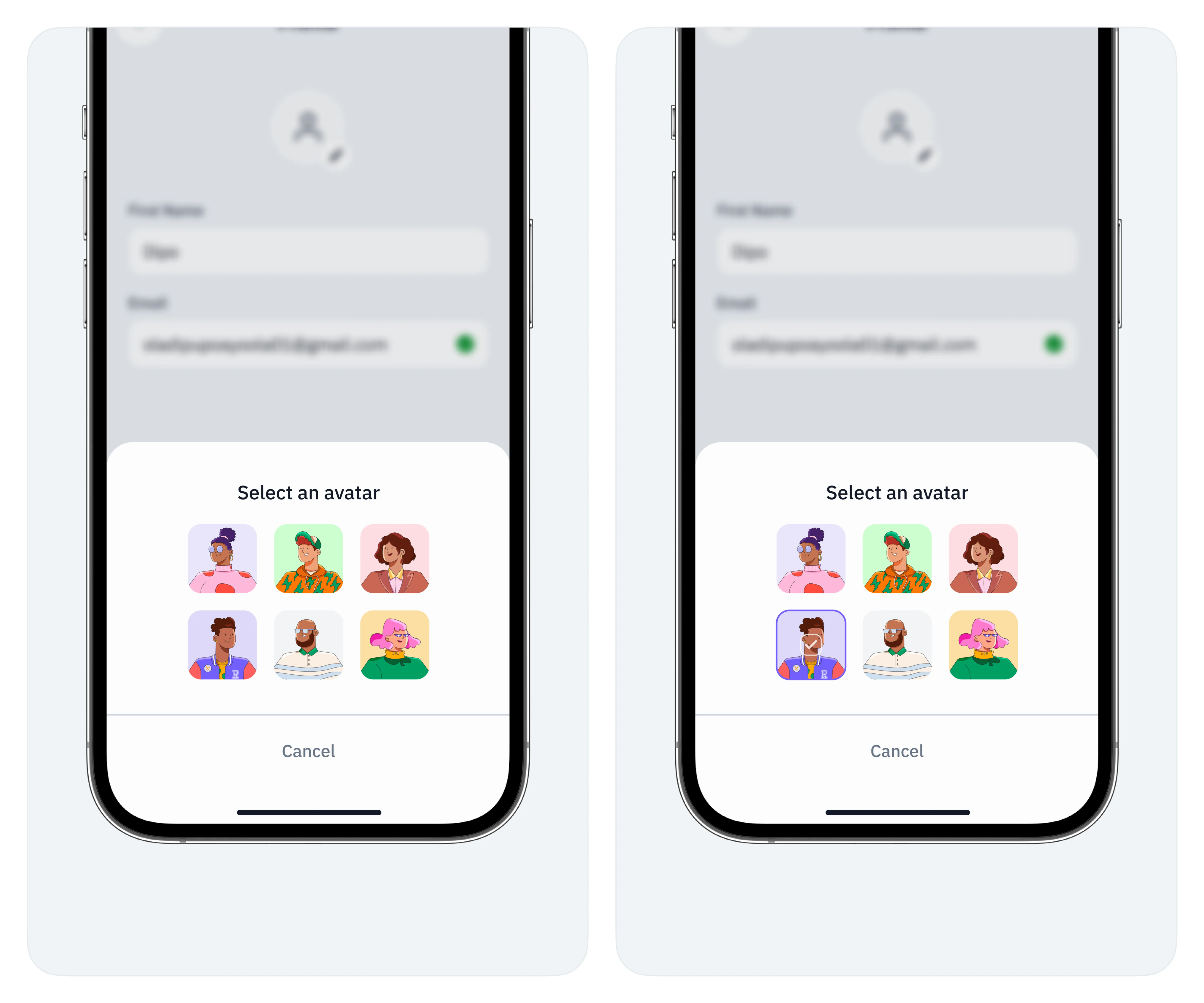 A smartphone screen displays a profile setup interface, focused on an avatar selection modal with the prompt "Select an avatar." Six illustrated avatar options are presented, each featuring diverse characters with unique styles, allowing users to personalise their profile. The blurred background shows fields for "First Name" and "Email," indicating the user is in the process of setting up or editing their profile details. A "Cancel" button at the bottom of the modal provides the option to exit the selection.