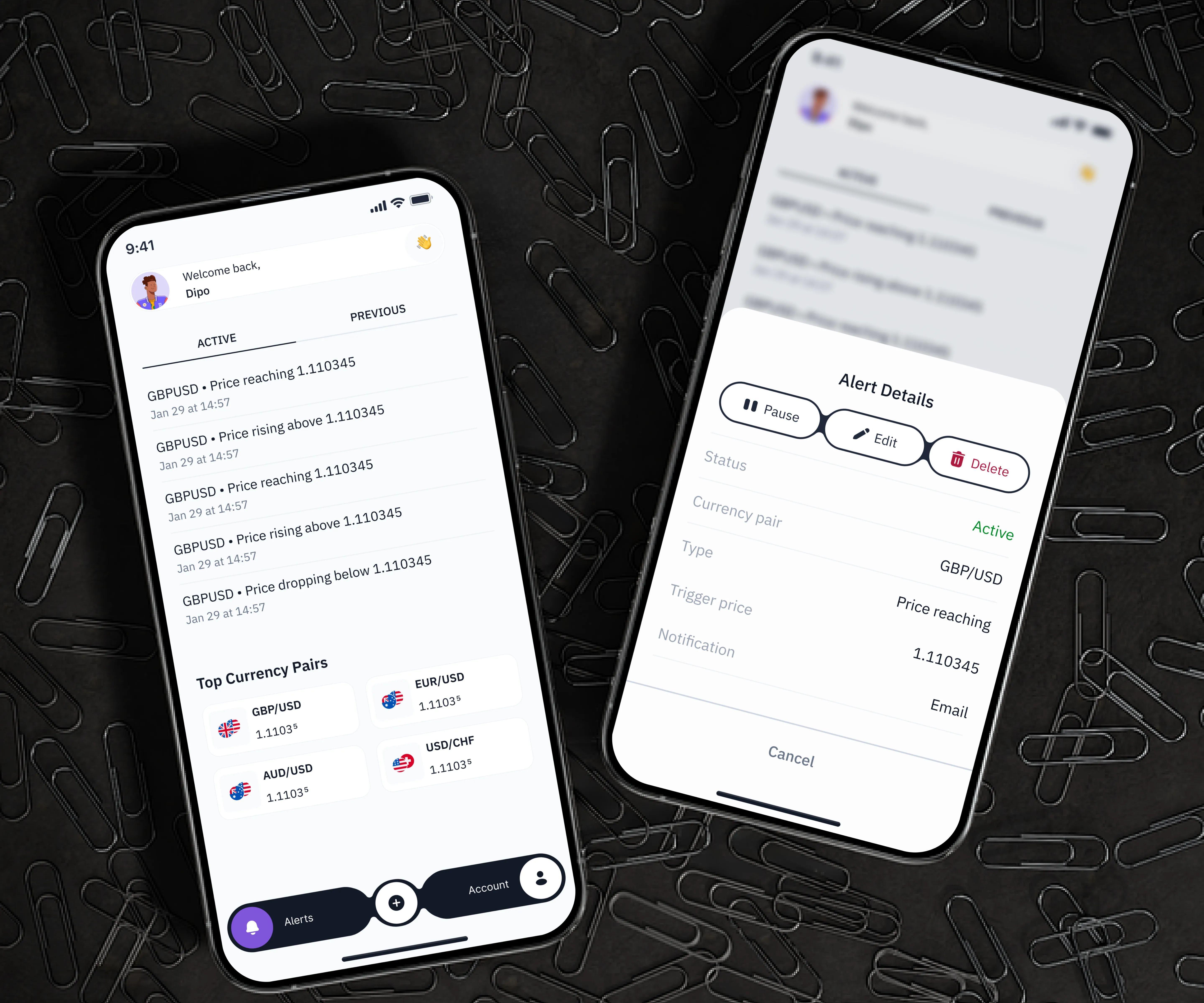 Two smartphones display a currency trading alert app, with one screen showing an overview of active and past alerts for specific currency pairs, and the other providing detailed alert settings for a selected currency pair.  The interface is designed to help users monitor and manage currency price triggers with options to pause, edit, or delete alerts, making it easy to stay informed on currency fluctuations.