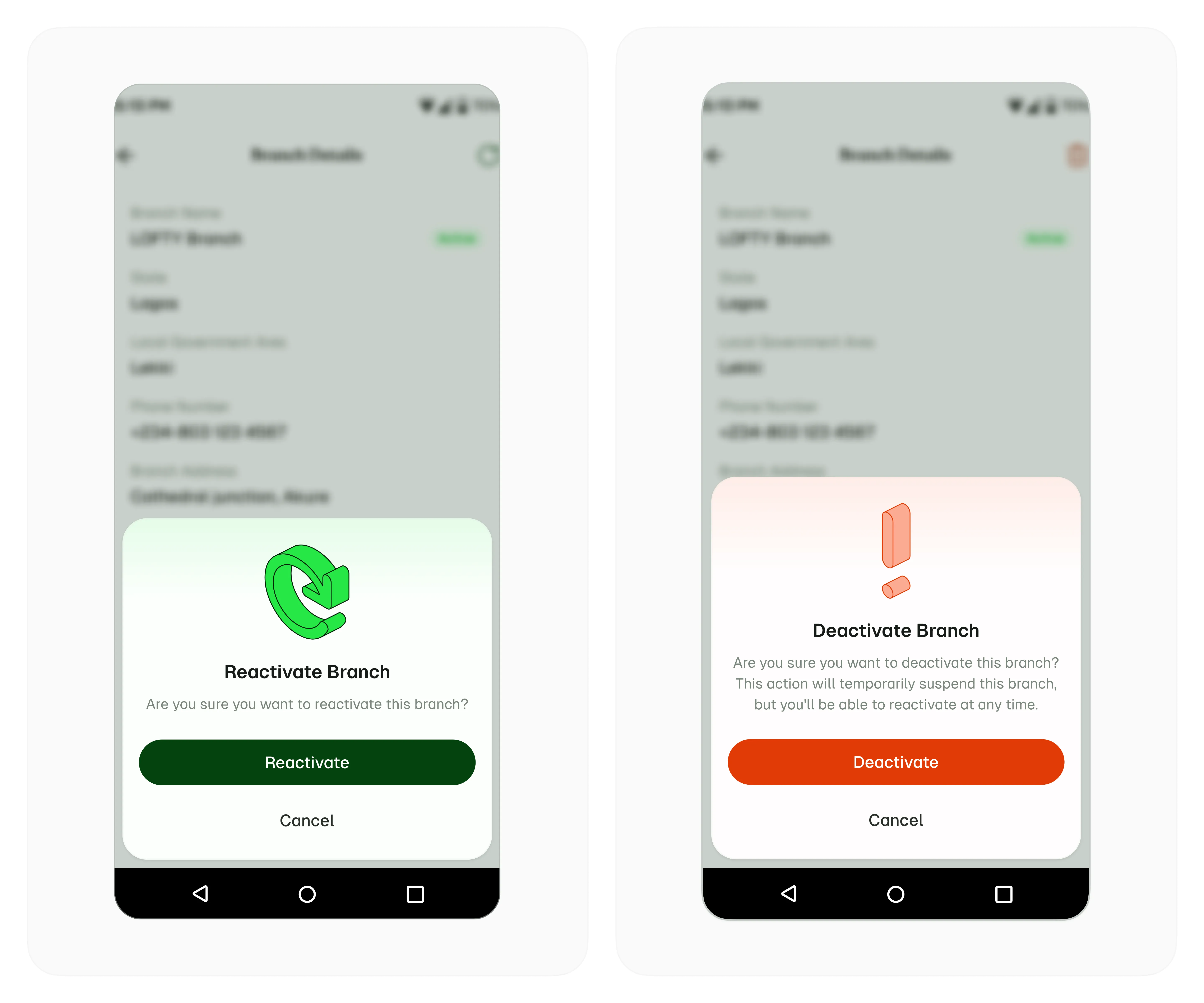 A close-up component displays these same action buttons in a rounded, segmented style, highlighting the intuitive, easy-access design for managing alerts.