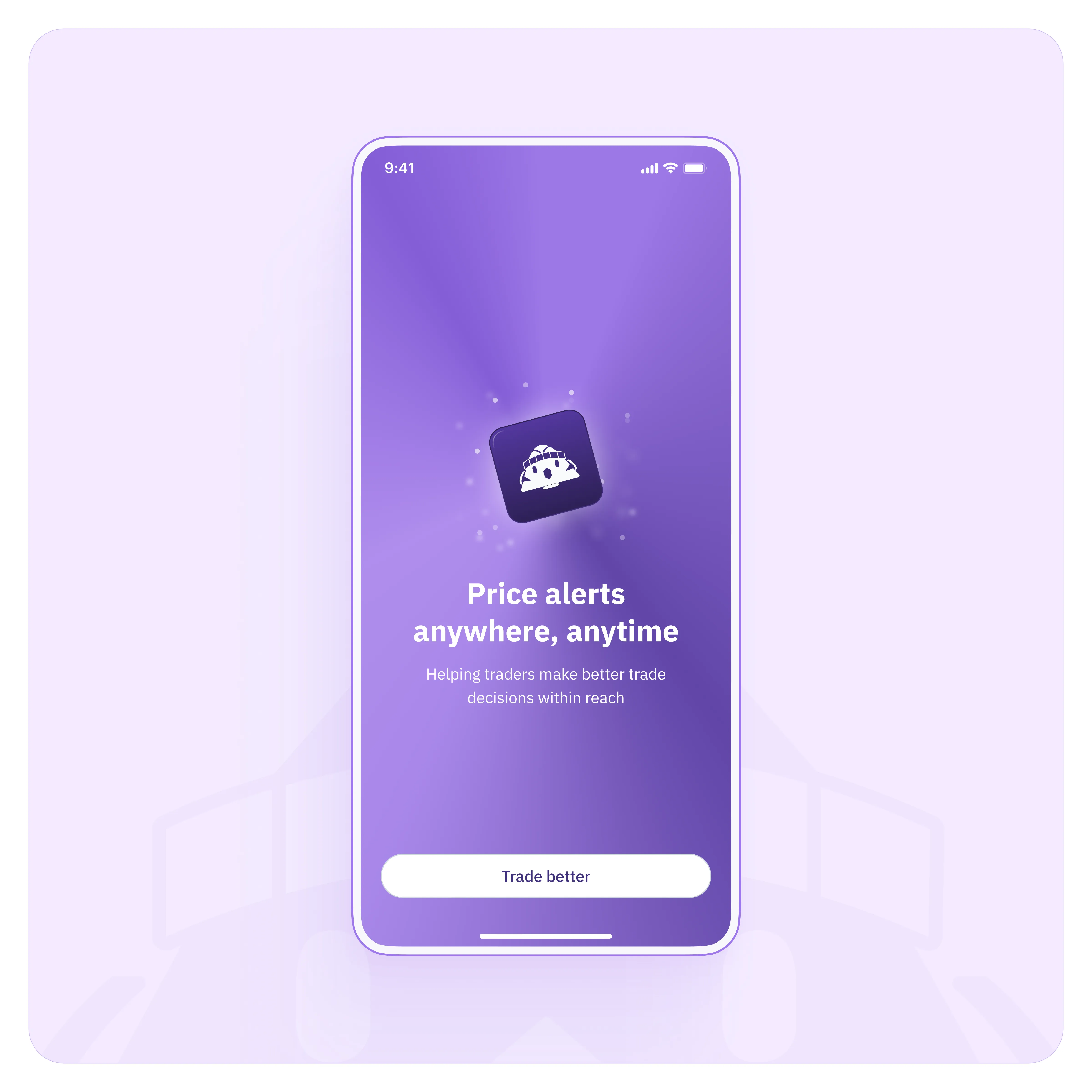 A mobile screen showing the introductory page of a trading app with a purple gradient background. At the centre is a glowing icon of a robot with financial symbols, alongside the tagline, "Price alerts anywhere, anytime," and the subtitle, "Helping traders make better trade decisions within reach." A white button at the bottom reads "Trade better." 
